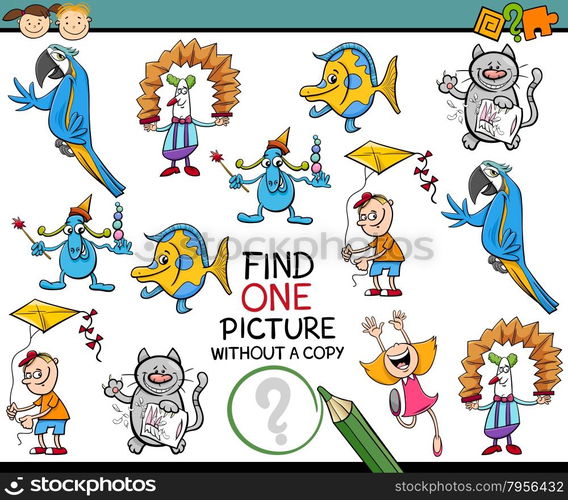 Cartoon Illustration of Finding Single Picture without a Copy Educational Game for Kids