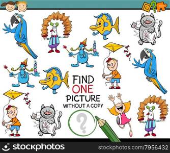 Cartoon Illustration of Finding Single Picture without a Copy Educational Game for Kids