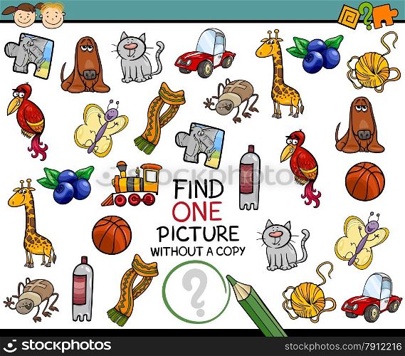 Cartoon Illustration of Finding Single Picture without a Pair Educational Game for Preschool Children