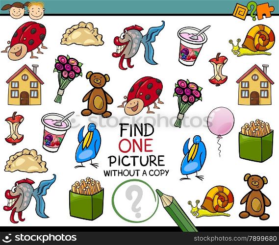 Cartoon Illustration of Finding Single Picture without Copy Educational Game for Preschool Children