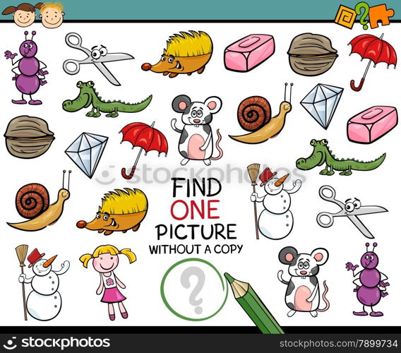 Cartoon Illustration of Finding Single Picture without Copy Educational Game for Preschool Children