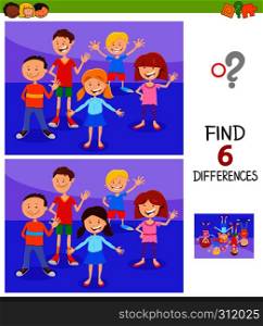Cartoon Illustration of Finding Six Differences Between Pictures Educational Game for Children with Funny Kids Characters Group