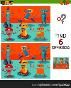 Cartoon Illustration of Finding Six Differences Between Pictures Educational Game for Children with Robots or Droid Characters Group