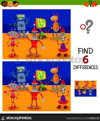 Cartoon Illustration of Finding Six Differences Between Pictures Educational Game for Children with Funny Robots Characters Group