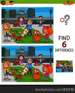 Cartoon Illustration of Finding Six Differences Between Pictures Educational Game for Children with Happy Kids with their Dogs Characters Group