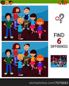 Cartoon Illustration of Finding Six Differences Between Pictures Educational Game for Children with Happy Kids Characters Group