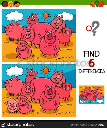 Cartoon Illustration of Finding Six Differences Between Pictures Educational Game for Children with Pigs Farm Animal Characters