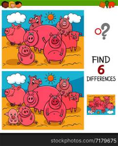 Cartoon Illustration of Finding Six Differences Between Pictures Educational Game for Children with Pigs Farm Animal Characters
