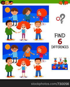 Cartoon Illustration of Finding Six Differences Between Pictures Educational Game for Children with Cute Kids Characters Group