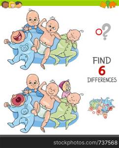 Cartoon Illustration of Finding Six Differences Between Pictures Educational Game for Children with Cute Baby Characters Group