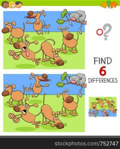 Cartoon Illustration of Finding Six Differences Between Pictures Educational Game for Children with Happy Dogs in the Park