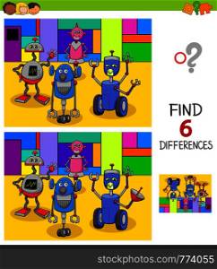 Cartoon Illustration of Finding Six Differences Between Pictures Educational Game for Children with Robots Fantasy Characters