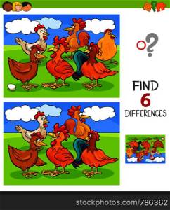 Cartoon Illustration of Finding Six Differences Between Pictures Educational Game for Children with Hens and Roosters Farm Animal Characters