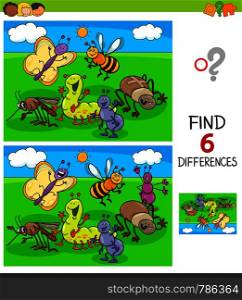 Cartoon Illustration of Finding Six Differences Between Pictures Educational Game for Children with Insects Animal Characters