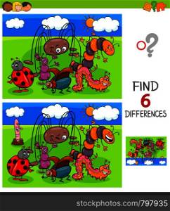 Cartoon Illustration of Finding Six Differences Between Pictures Educational Game for Children with Funny Insects Characters