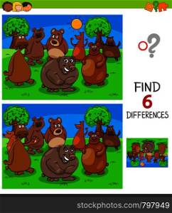 Cartoon Illustration of Finding Six Differences Between Pictures Educational Game for Children with Bears Animal Characters