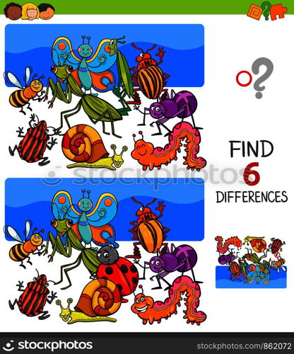 Cartoon Illustration of Finding Six Differences Between Pictures Educational Game for Children with Insects Animal Characters