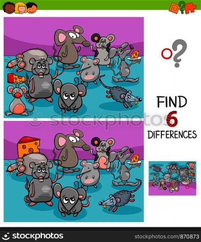 Cartoon Illustration of Finding Six Differences Between Pictures Educational Game for Children with Mice Animal Characters