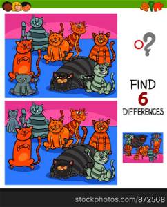 Cartoon Illustration of Finding Six Differences Between Pictures Educational Game for Children with Cats Animal Characters