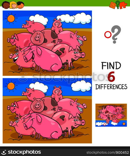 Cartoon Illustration of Finding Six Differences Between Pictures Educational Game for Children with Pigs Animal Characters