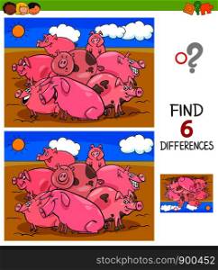 Cartoon Illustration of Finding Six Differences Between Pictures Educational Game for Children with Pigs Animal Characters