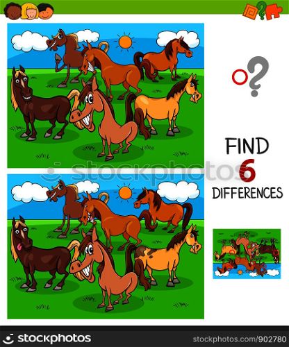 Cartoon Illustration of Finding Six Differences Between Pictures Educational Game for Children with Horses Animal Characters