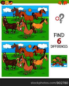 Cartoon Illustration of Finding Six Differences Between Pictures Educational Game for Children with Horses Animal Characters