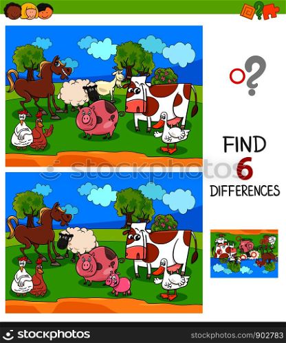 Cartoon Illustration of Finding Six Differences Between Pictures Educational Game for Children with Farm Animal Characters