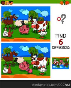 Cartoon Illustration of Finding Six Differences Between Pictures Educational Game for Children with Farm Animal Characters