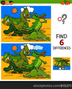 Cartoon Illustration of Finding Six Differences Between Pictures Educational Game for Children with Crocodiles Animal Characters