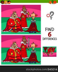 Cartoon Illustration of Finding Six Differences Between Pictures Educational Game for Children with Kings Fantasy Characters