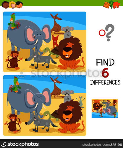 Cartoon Illustration of Finding Six Differences Between Pictures Educational Game for Kids with Happy Wild Animal Characters Group