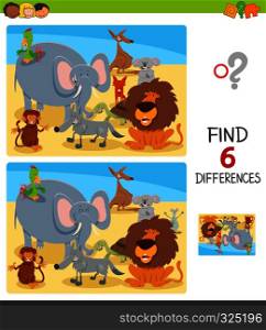Cartoon Illustration of Finding Six Differences Between Pictures Educational Game for Kids with Happy Wild Animal Characters Group