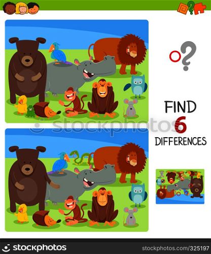 Cartoon Illustration of Finding Six Differences Between Pictures Educational Game for Kids with Happy Animal Characters Group