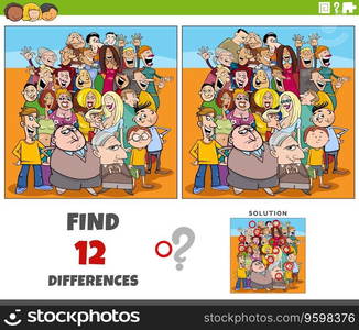 Cartoon illustration of finding the differences between pictures educational activity with funny people characters crowd