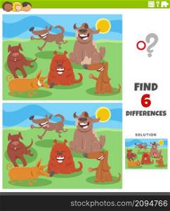 Cartoon illustration of finding the differences between pictures educational game for children with happy dogs comic animal characters group