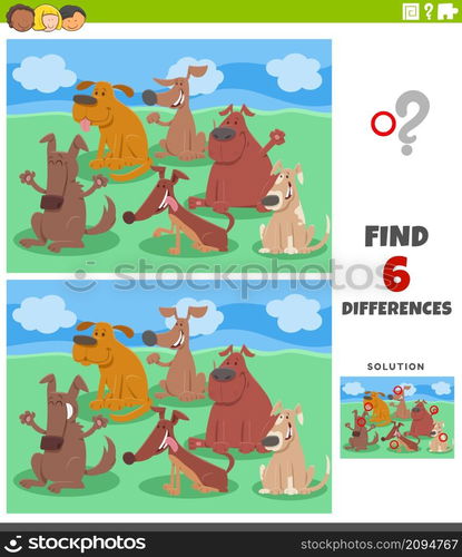 Cartoon illustration of finding the differences between pictures educational game for children with funny dogs comic animal characters group