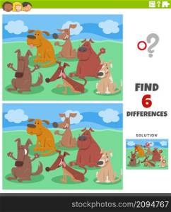 Cartoon illustration of finding the differences between pictures educational game for children with funny dogs comic animal characters group