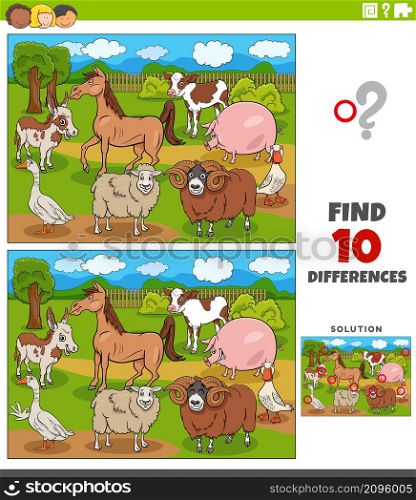 Cartoon illustration of finding the differences between pictures educational game for children with farm animal characters group