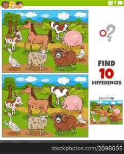 Cartoon illustration of finding the differences between pictures educational game for children with farm animal characters group