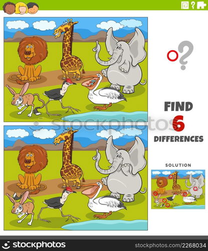 Cartoon illustration of finding the differences between pictures educational game for children with wild animal characters group