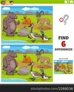 Cartoon illustration of finding the differences between pictures educational game for children with animal characters group