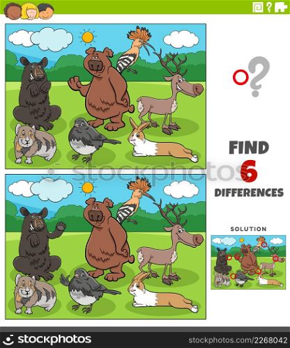 Cartoon illustration of finding the differences between pictures educational game for children with happy animal characters group
