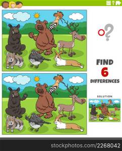 Cartoon illustration of finding the differences between pictures educational game for children with happy animal characters group