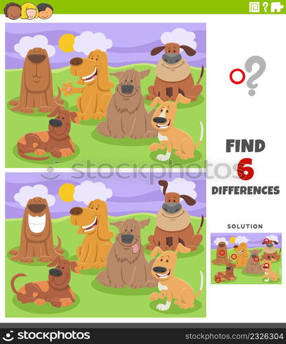 Cartoon illustration of finding the differences between pictures educational game for children with funny dogs comic animal characters group