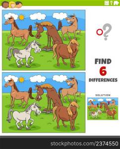 Cartoon illustration of finding the differences between pictures educational game for children with funny horses farm animal characters