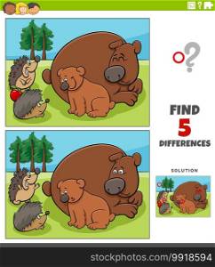 Cartoon illustration of finding the differences between pictures educational game for children with bears and hedgehogs