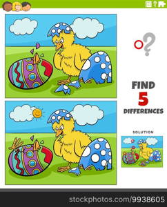 Cartoon illustration of finding the differences between pictures educational game for children with Easter chicks hatching from eggs