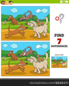 Cartoon illustration of finding the differences between pictures educational game for children with happy dog characters group