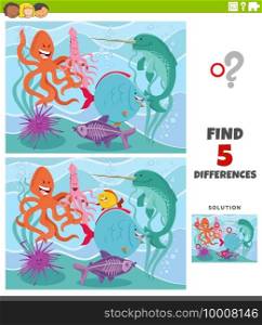 Cartoon illustration of finding the differences between pictures educational game for kids with sea animal characters underwater